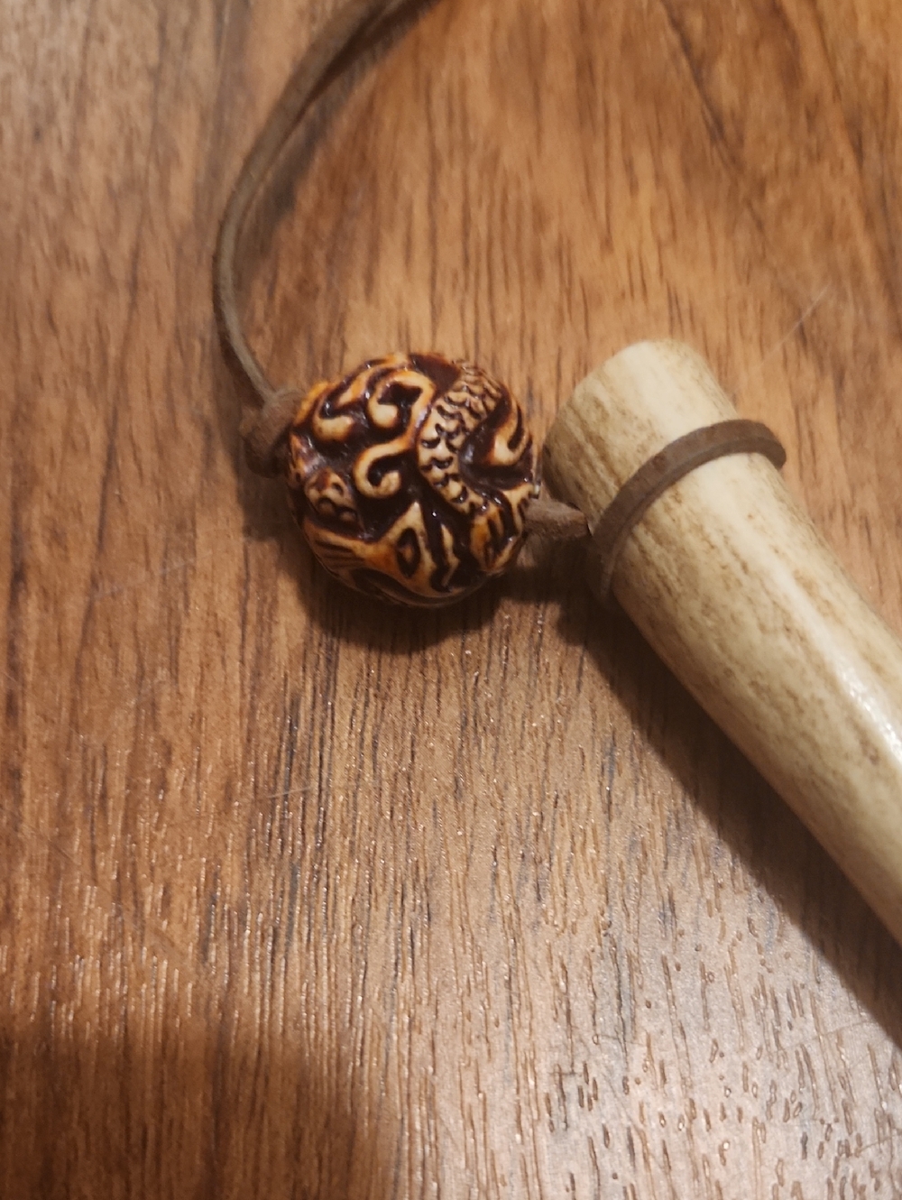 Carved Pendant Necklace with Decorative Bead - Brown Cord - Picture 2 of 5